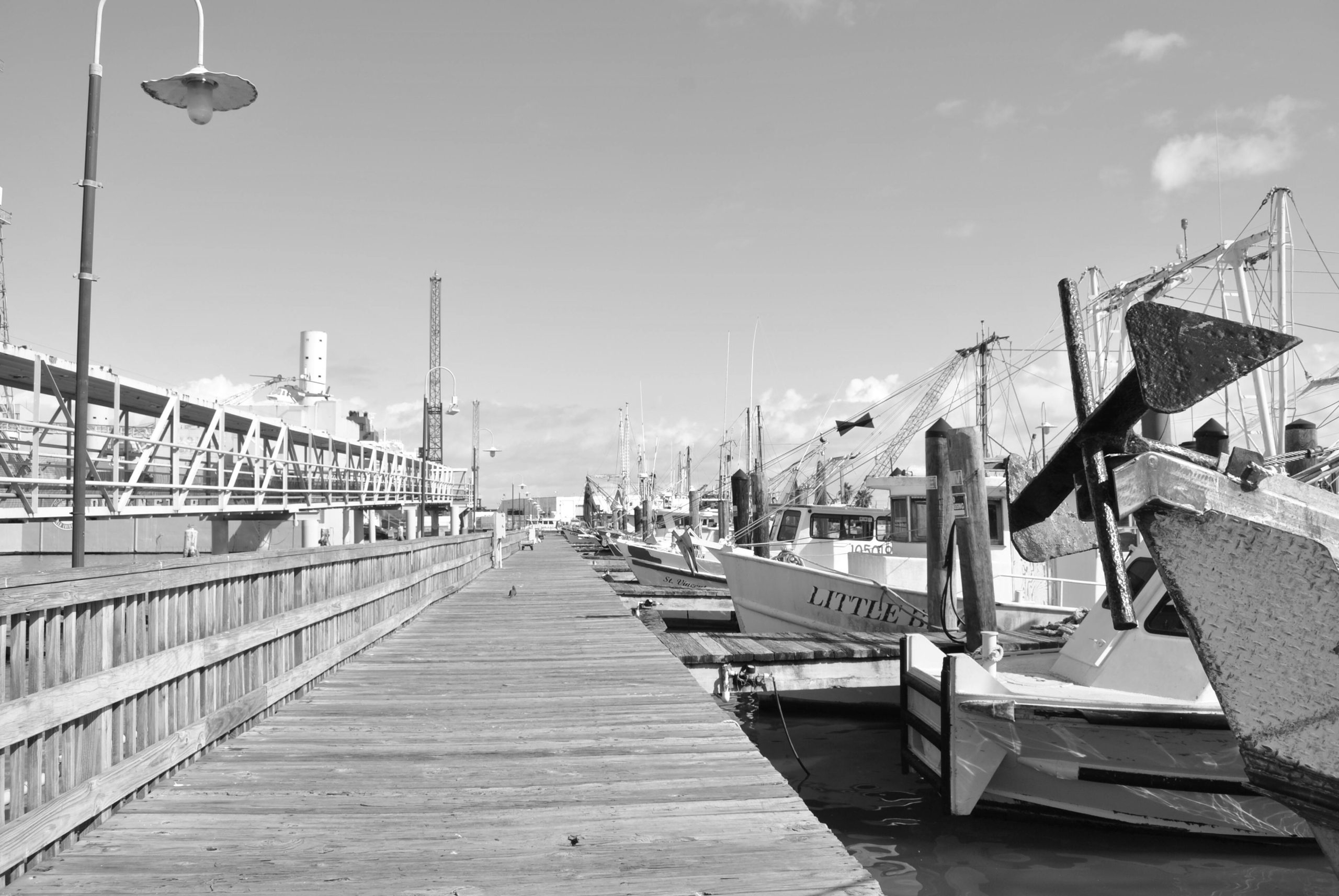 black and white image of a marina in Galveston, TX with the dock in the center and boats tied up on the right hand side